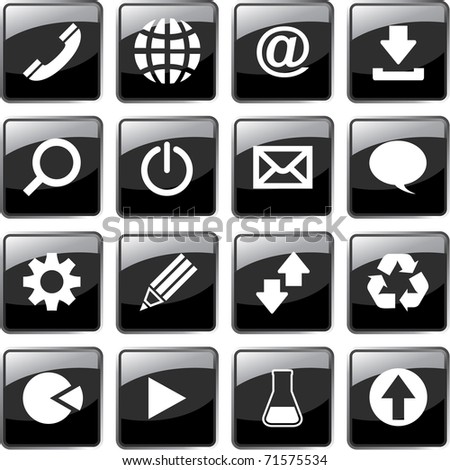 Web icon set - email, phone, download, start, play. Black button set for online.