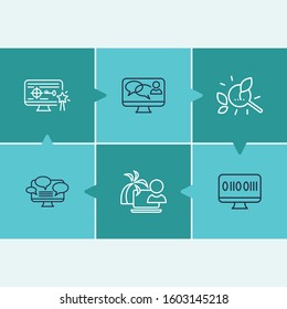 Web icon set and freelance work with coding, top keywords and live chat. Workplace related web icon vector for web UI logo design.