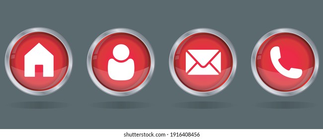 conjunto de iconos web. hogar, contacto, correo electrónico, llamada, masaje, correo, iconos de teléfono. Icono vectorial de botón rojo brillante de 3d redondo para web, icono de aplicación móvil.