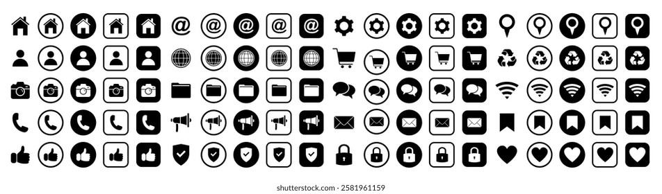 Web icon set. Home, email, address, globe, chat, message, mail, telephone, information, support, search, website, icon. Contact and web icons set. Website set icon vector.