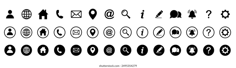 Web-Symbolsatz. Startseite, Ort, Anruf, AT, E-Mail, Adresse, Globus, Chat, Nachricht, Mail, Telefon, Informationen, Support, Suche, Website, Symbol. Kontakt- und Websymbole gesetzt. Website-Set-Symbol-Vektorgrafik.