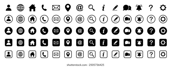 Web icon set. Home, location, call, at, email, address, globe, chat, message, mail, telephone, information, support, search, website, icon. Contact and web icons set. Website set icon vector.