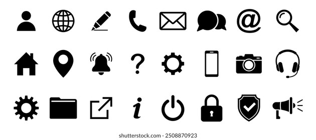 Conjunto de iconos de Web. Inicio, ubicación, llamada, at, correo electrónico, Dirección, globo, chat, mensaje, correo, teléfono, información, Asistencia, búsqueda, Sitio web, icono. Conjunto de iconos de contacto y web. Vector de icono de conjunto de Sitio web.