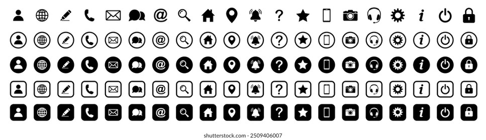 Web icon set. Home, location, call, at, email, address, globe, chat, message, mail, telephone, information, support, search, website, icon. Contact and web icons set. Website set icon vector.