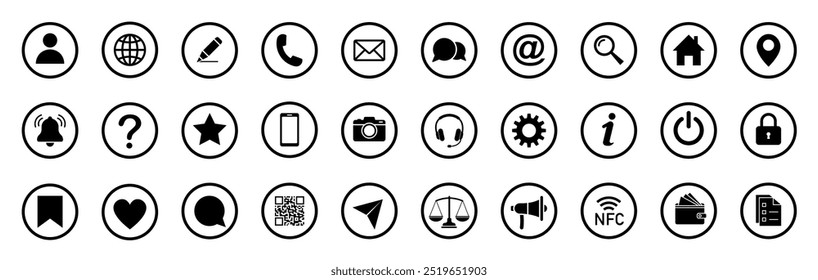 Web icon set. Home, location, call, at, email, address, globe, chat, message, mail, telephone, information, support, search, website, icon. Contact and web icons set. Website set icon vector.