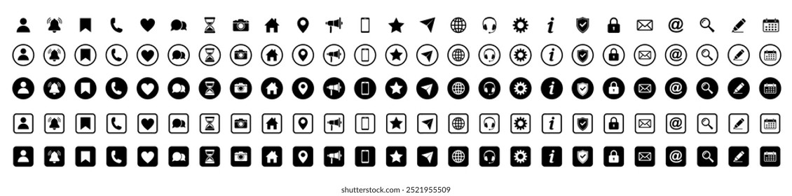 Web icon set. Home, location, call, at, email, address, globe, chat, message, mail, telephone, information, support, search, website, icon. Contact and web icons set. Website set icon vector.