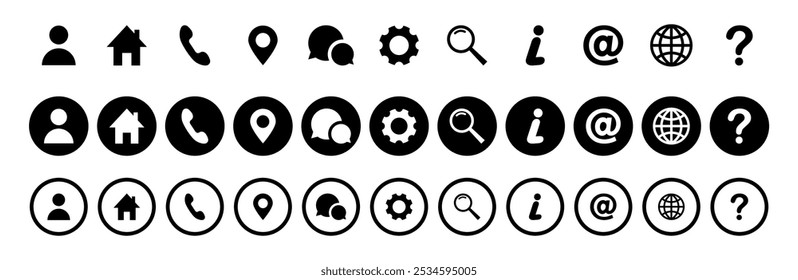Conjunto de ícones da Web. Casa, local, chamada, em, email, endereço, globo, bate-papo, mensagem, correio, telefone, informações, suporte, pesquisa, site, ícone. Conjunto de ícones de contato e da Web. Vetor de ícone do conjunto de sites.