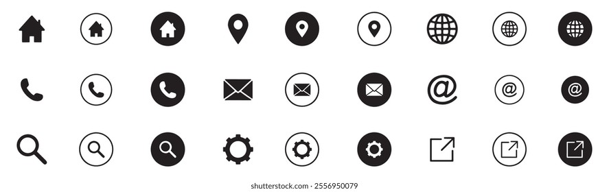 Web icon set. Home, location, call, at, email, address, globe, chat, message, mail, telephone, information, support, search, website, icon. Contact and web icons set. Website set icon vector.