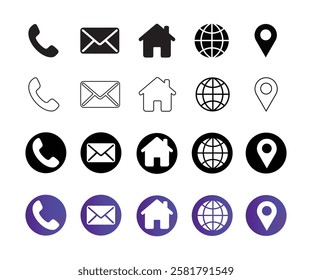 Web icon set. Home, location, call, email, address, globe, mail, website icon. Contact us icon set. vector illustration
