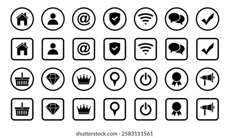 Web icon set. Home, location, call, at, email, address, globe, chat, message, mail, telephone, information, support, search, website, icon. Contact and web icons set. Website set icon vector.