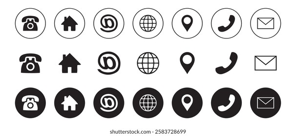 Web icon set. Home, location, call, at, email, address, globe, chat, message, mail, telephone, information, support, search, website, icon. Contact and web icons set. Website set icon vector.