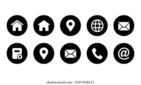 Web icon set. Home, location, call, at, email, address, globe, chat, message, mail, telephone, information, support, search, website, icon. Contact and web icons set. Website set icon vector.