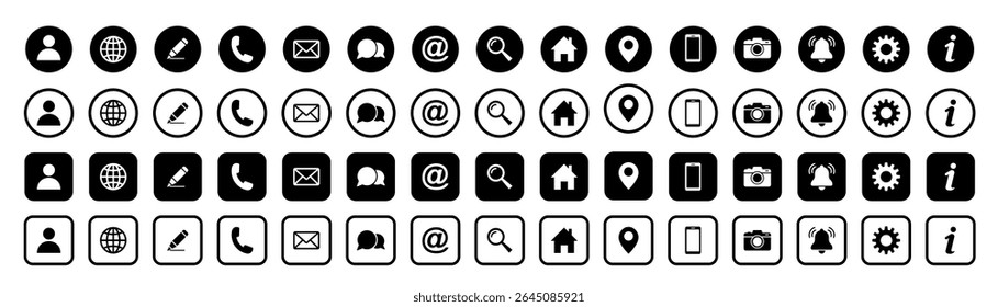Web icon set. Home, location, call, at, email, address, globe, chat, message, mail, telephone, information, support, search, website, icon. Contact and web icons set. Website set icon vector.