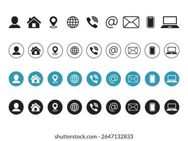 Conjunto de ícones da Web. Casa, local, chamada, em, email, endereço, globo, bate-papo, mensagem, correio, telefone, informações, suporte, pesquisa, site, ícone. Conjunto de ícones de contato e da Web. Vetor de ícone do conjunto de sites.