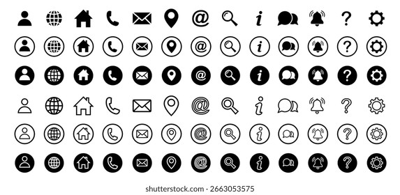 Web icon set. Home, location, call, at, email, address, globe, chat, message, mail, telephone, information, support, search, website, icon. Contact and web icons set. Website set icon vector.
