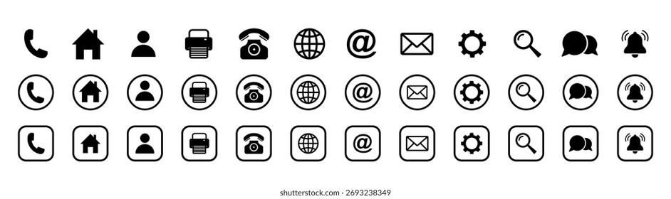 Conjunto de iconos de Web. Casa, ubicación, globo, mensaje, correo, teléfono, información, Asistencia, búsqueda. Conjunto de iconos de contacto y web. Vector de icono de conjunto de Sitio web.