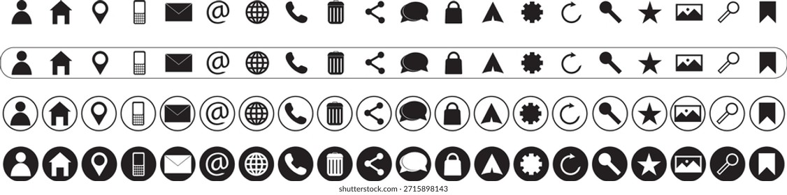Web icon set. Home, location, call, at, email, address, globe, chat, message, mail, telephone, information, support, search, website, icon. Contact and web icons set. Website set icon vector.