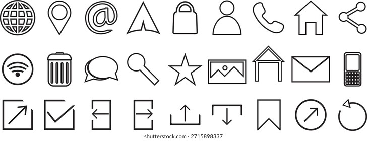 Conjunto de iconos de Web. Inicio, ubicación, llamada, at, correo electrónico, Dirección, globo, chat, mensaje, correo, teléfono, información, Asistencia, búsqueda, Sitio web, icono. Conjunto de iconos de contacto y web. Vector de icono de conjunto de Sitio web.
