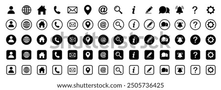 Web icon set. Home, location, call, at, email, address, globe, chat, message, mail, telephone, information, support, search, website, icon. Contact and web icons set. Website set icon vector.