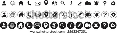 Web icon set. Home, location, call, at, email, address, globe, chat, message, mail, telephone, information, support, search, website, icon. Contact and web icons set. Website set icon vector.