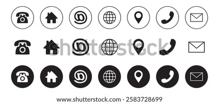 Web icon set. Home, location, call, at, email, address, globe, chat, message, mail, telephone, information, support, search, website, icon. Contact and web icons set. Website set icon vector.