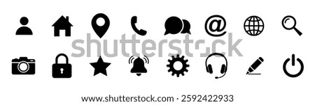 Web icon set. Home, location, call, at, email, address, globe, chat, message, mail, telephone, information, support, search, website, icon. Contact and web icons set. Website set icon vector.