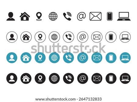 Web icon set. Home, location, call, at, email, address, globe, chat, message, mail, telephone, information, support, search, website, icon. Contact and web icons set. Website set icon vector.