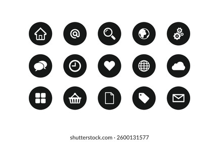 Web icon set. Home, setting, cloud, time, love, window, sale, at,email, globe, chat, message, mail, information, support, search, website, icon. Contact and web icons set. Website set icon vector.