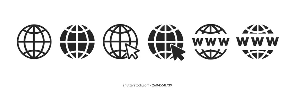 Web icon set illustration. Browser globe outline icons, web click icon. Global search icon. Editable line www icon