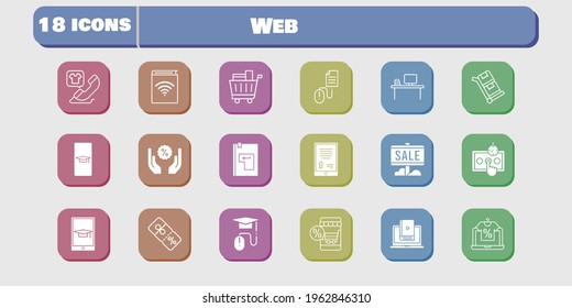 conjunto de iconos web. incluye audiolibro, test, aprender, descuento, clic, troleado, estudiante-smartphone, tienda online, tablet, íconos de venta sobre fondo blanco. estilos lineales y llenos.