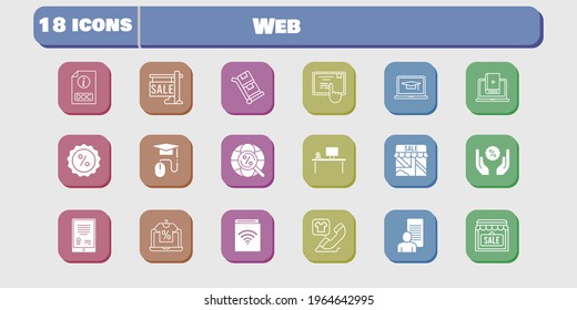 web icon set. included audiobook, study, shop, learn, discount, touchscreen, trolley, tablet, online shop, sale, student-laptop icons on white background. linear, filled styles.