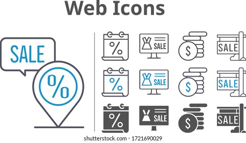 web icon set included calendar, online shop, sale, money, placeholder icons