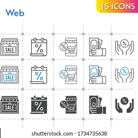 conjunto de iconos web. incluido calendario, tienda online, tienda, dinero, iconos de descuento sobre fondo blanco. estilos lineales, bicolores, rellenos.