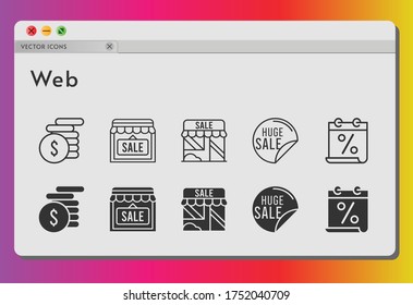 Web-Icon-Set. inklusive Kalender, Verkauf, Shop, Geldsymbole auf weißem Hintergrund. lineare, gefüllte Stile.