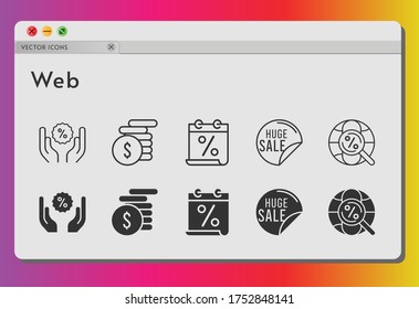 Web-Icon-Set. inklusive Kalender, Verkauf, Geld, Rabatt, Internet-Symbole auf weißem Hintergrund. lineare, gefüllte Stile.