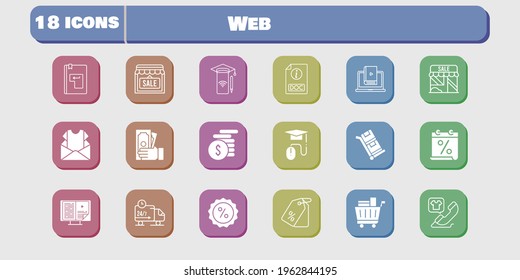 web icon set. included calendar, newsletter, shop, smartphone, learn, discount, delivery truck, trolley, ebook, money icons on white background. linear, filled styles.