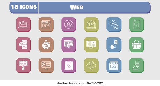web icon set. included calendar, megaphone, study, shop, like, shopping-basket, training, click, exam, online shop, ebook icons on white background. linear, filled styles.