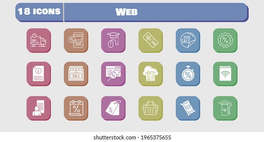 web icon set. included calendar, audiobook, study, smartphone, shop, discount, delivery truck, shopping basket, trolley icons on white background. linear, filled styles.