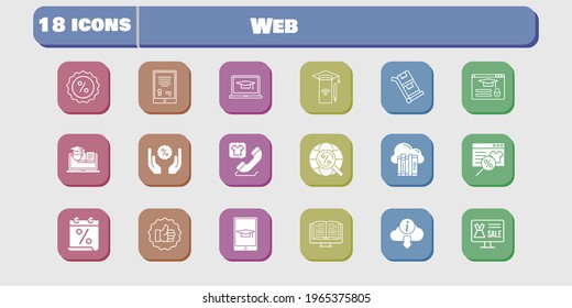 web icon set. included calendar, smartphone, like, discount, training, login, trolley, cloud, online shop, tablet, ebook icons on white background. linear, filled styles.