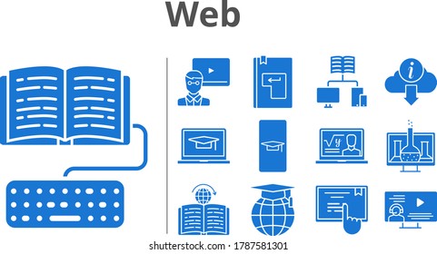 web icon set. included chemistry, professor, teacher, instructor, school, homework, touchscreen, information, learning, enter icons. filled styles.