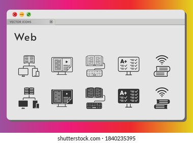 web icon set. included ebook, test, school, homework, book icons on white background. linear, filled styles.