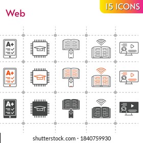 web icon set. included ereader, chip, ebook, instructor, book icons on white background. linear, bicolor, filled styles.