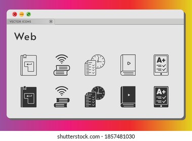 conjunto de iconos web. incluido ereader, ebook, test, book, enter, book (2) iconos sobre fondo blanco. estilos lineales y llenos.