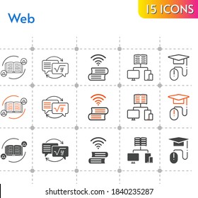 web icon set. included feedback, homework, school, book, elearning icons on white background. linear, bicolor, filled styles.