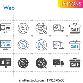 conjunto de iconos web. regalo incluido, tienda online, descuento, camión de entrega, iconos de internet sobre fondo blanco. estilos lineales, bicolores, rellenos.