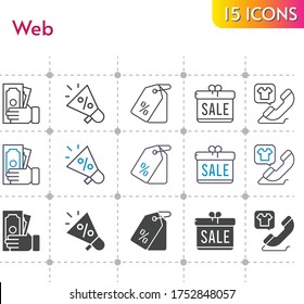 web icon set. included gift, megaphone, money, price tag, phone call icons on white background. linear, bicolor, filled styles.