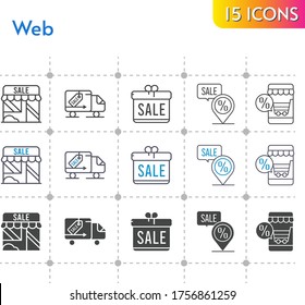 web icon set. included gift, online shop, shop, delivery truck, placeholder icons on white background. linear, bicolor, filled styles.