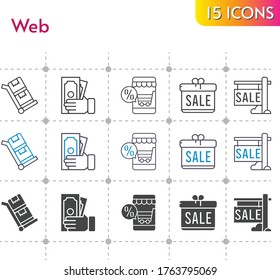 conjunto de iconos web. regalo incluido, tienda en línea, venta, dinero, íconos del carro sobre fondo blanco. estilos lineales, bicolores, rellenos.