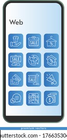 web icon set. included gift, megaphone, sale, shop, shirt, mortgage, money, towel, chat, jacket, credit card icons on phone design background . linear styles.
