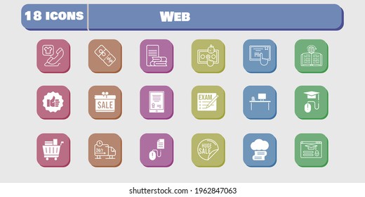 web icon set. included gift, test, like, discount, touchscreen, learning, delivery truck, login, click, cloud library, exam icons on white background. linear, filled styles.